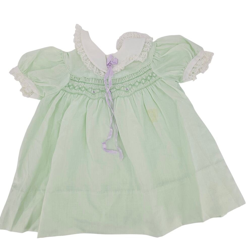Vintage Polly Flinders Green Hand Smocked Dress Lace Trim NB 0-3 mo cottage 4036